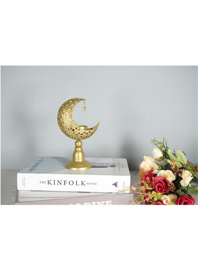 Eid Moon Candle Holder, Ramadan Hollowed Decoration Light Atmosphere Modeling Decor for Eid and al Adha Celebration, Home Table Party Ramadan Tabletop Lighting Decoration (Gold) - Image 3